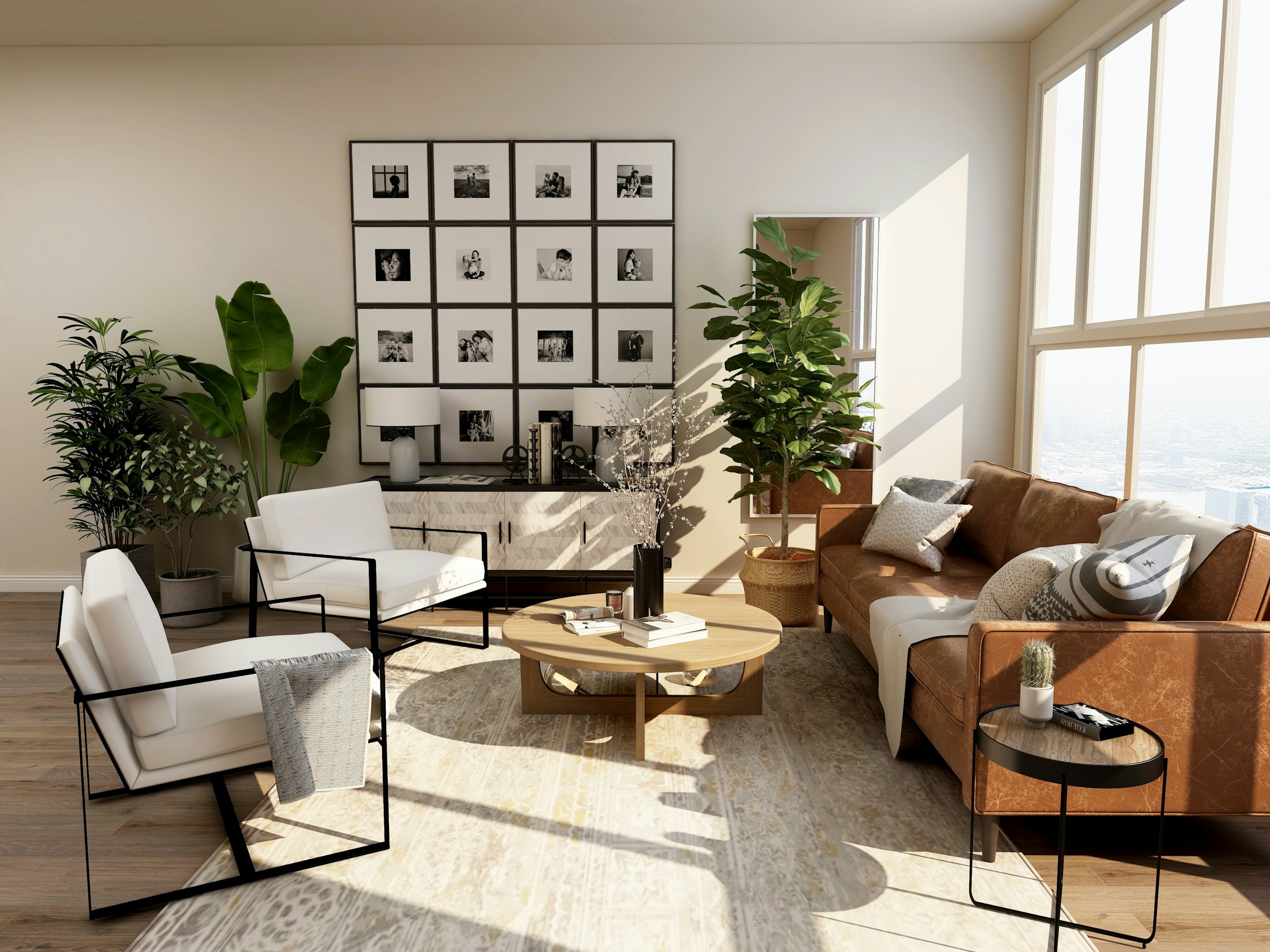 Sunlit living room with a comfortable sofa, plants, and freshly cleaned floors